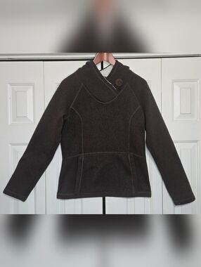 Koppen Women's Sherpa Lined Hoodie Sweater Button Neck Pullover Brown Size Small